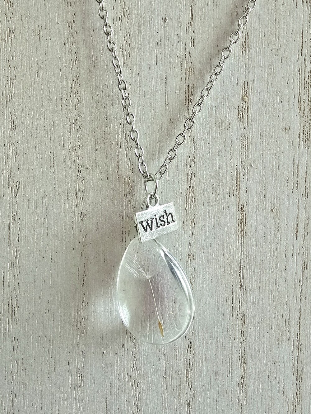 Silver 'Wish' Dandelion Teardrop Pendant Necklace - Clear